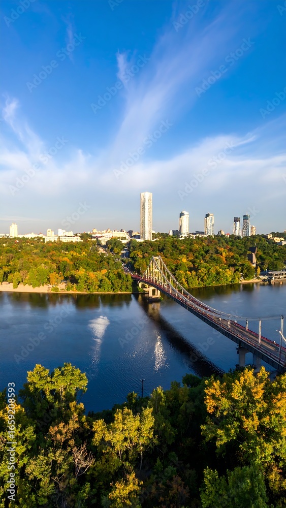 Fototapeta premium Cityscape River Bridge Autumn Aerial View
