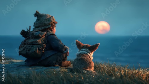 Child and dog sitting together watching sunset over calm ocean in peaceful moment of companionship and wonder