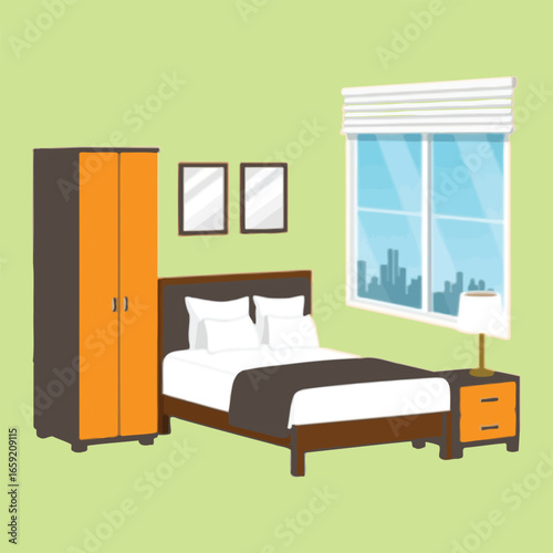 Modern bedroom interior with bed, sofa, and stylish decor