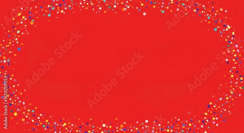 Colorful confetti border on vibrant red background