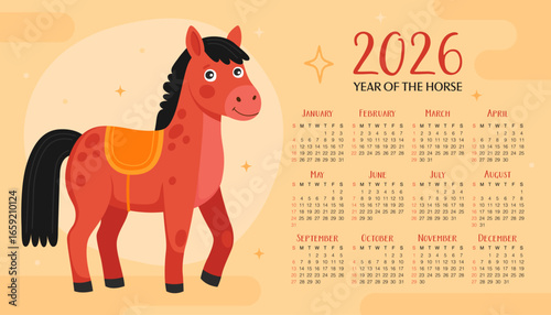 Calendar 2026. 12 months, starting from Sunday. Cute red horse on light yellow background. New Year of the Horse, Lunar New Year or Chinese New Year.