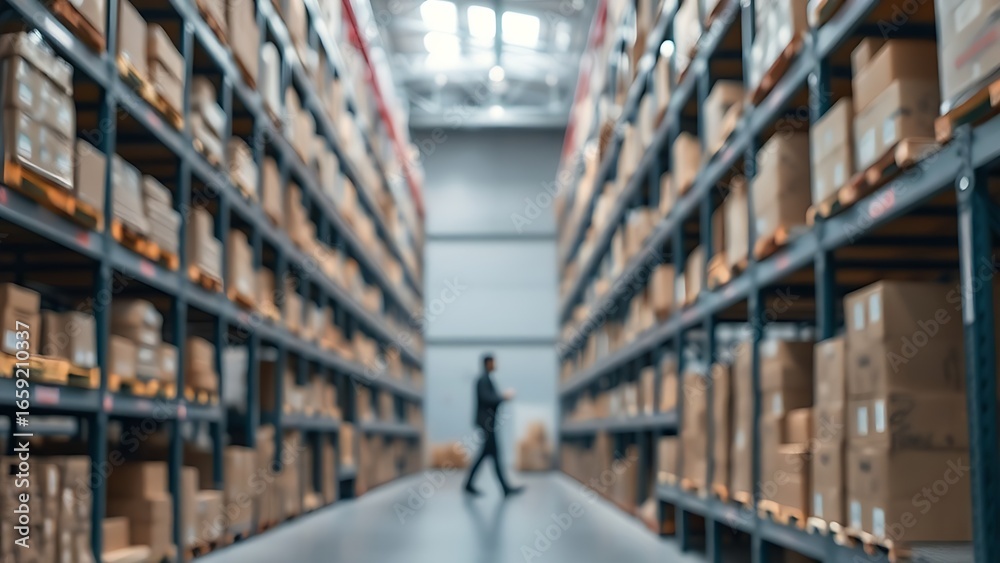 Obraz premium A modern warehouse interior with organized shelves and a worker silhouette in soft ambient lighting.