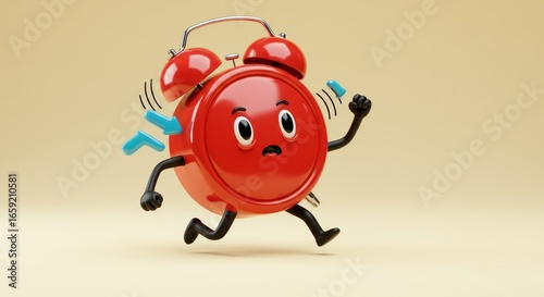 A cheerful red alarm clock cartoon with exaggerated facial features, arms and legs running, and sound waves, on a tan background