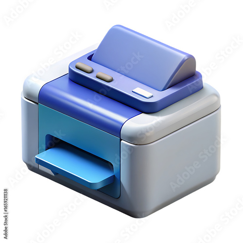 A modern blue and white office printer, an essential technology for document printing, isolated on transparent background