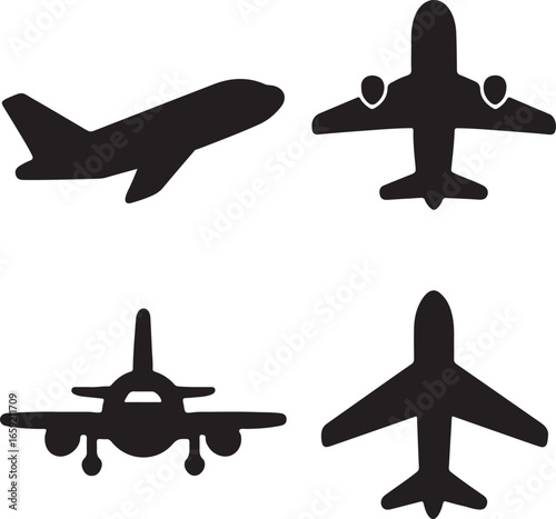 airplane takeoff silhouette icons set side, front, rear, and top views vector art illustration