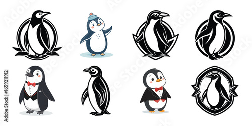 Black and White Penguin Silhouettes: Vector Art of Antarctic Birds in Various Poses
