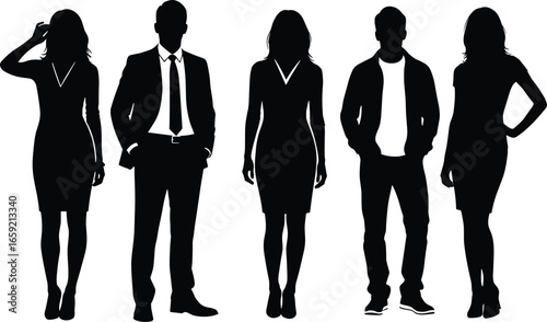 Group of Business People Silhouettes Standing in Various Poses Isolated on White Background for Office, Team, Career, and Corporate Design Use