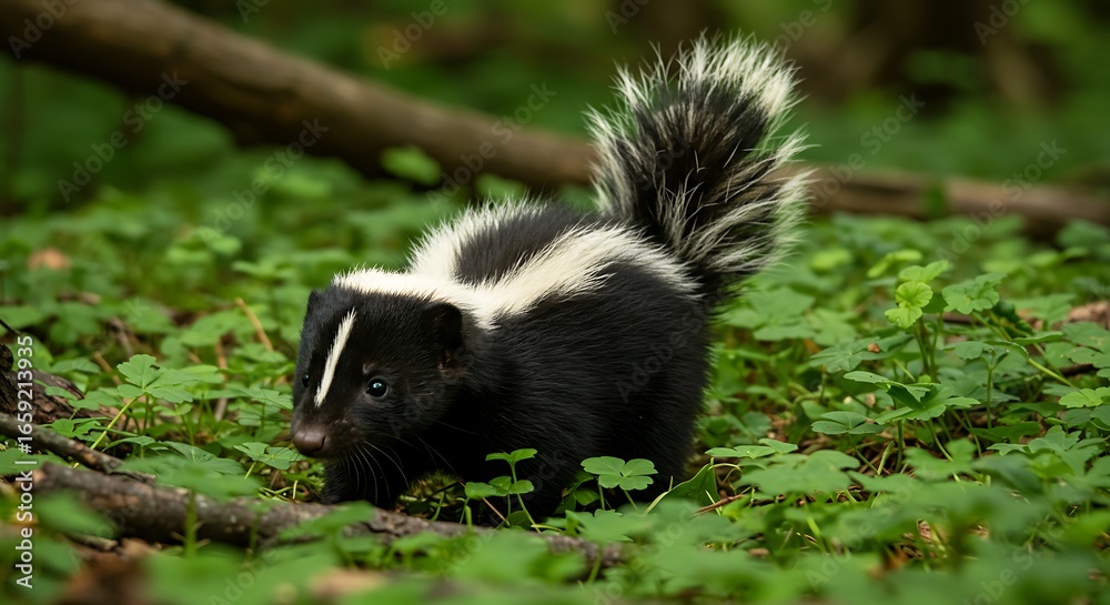 Naklejka premium Adorable baby skunk with distinctive black and white fur walks through lush green foliage