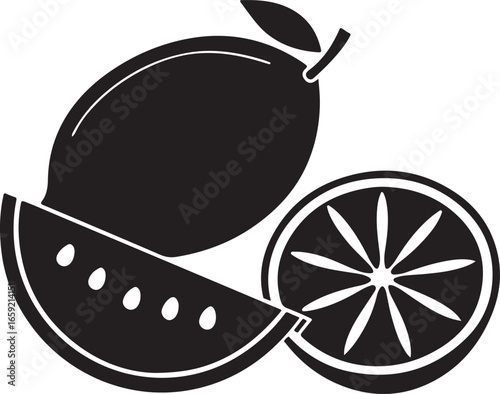 A striking black and white silhouette graphic featuring a whole lemon a slice of lemon and a cross section of a lemon showcasing its vibrant citrus segments