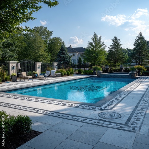 Luxurious pool with detailed stonework, lush landscaping, and a stately home in the background