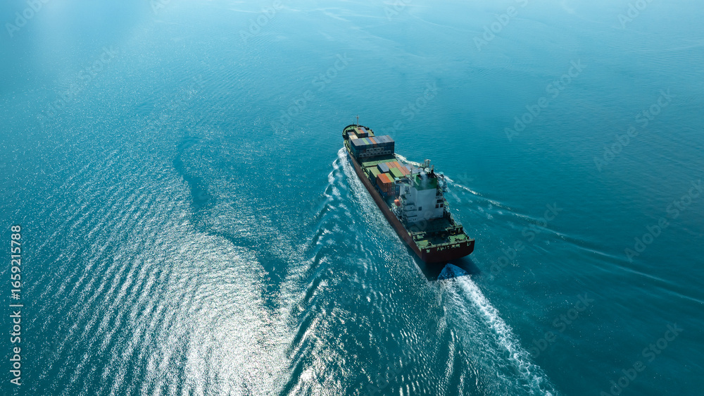 Naklejka premium Aerial view of the freight shipping transport system cargo ship container. international transportation Export-import business, logistics, transportation industry concepts