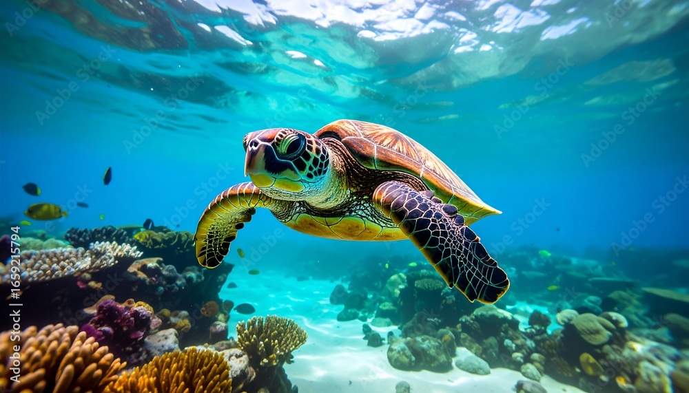 Fototapeta premium Sea turtle swims underwater