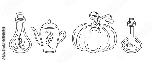 Pumpkin with two magic potions bottles and teapot. Cozy autumn monoline vector black and white composition