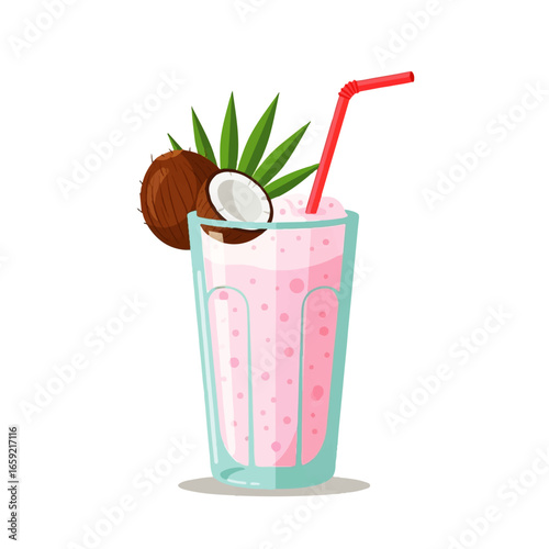 A refreshing pink coconut smoothie in a tall glass with a red straw, garnished with coconut slices and palm leaves, evokes a tropical summer vibe.