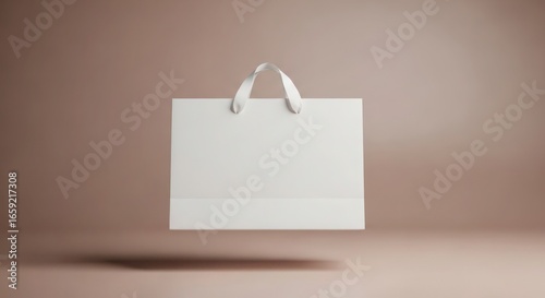 A blank white paper shopping bag with handles, floating against a muted brown background.