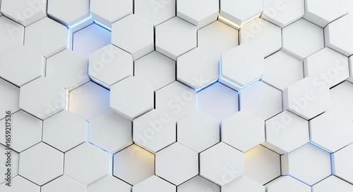 Fototapeta Naklejka Na Ścianę i Meble -  White hexagonal pattern with blue and yellow light accents