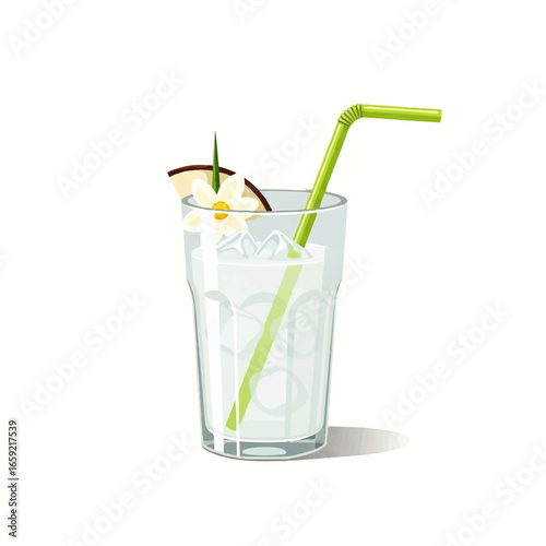 Refreshing coconut water drink with ice and a straw, garnished with a flower, in a glass against a white background, evoking a feeling of summer coolness.
