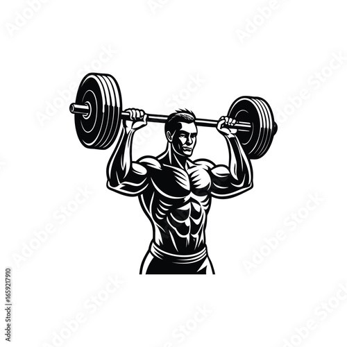 Monochrome illustration of a strong man weightlifting, showing great muscle definition silhouette vector