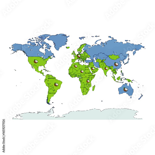 A simplified world map highlights major coconut-producing countries, showcasing global distribution and tropical agriculture.