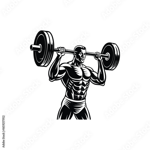 Strong muscular man lifting a heavy barbell overhead in black and white