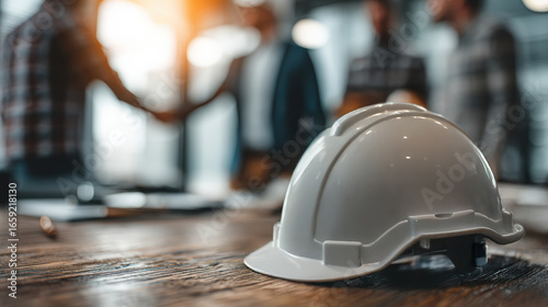 White Safety Helmet on Table with Engineers Shaking Hands