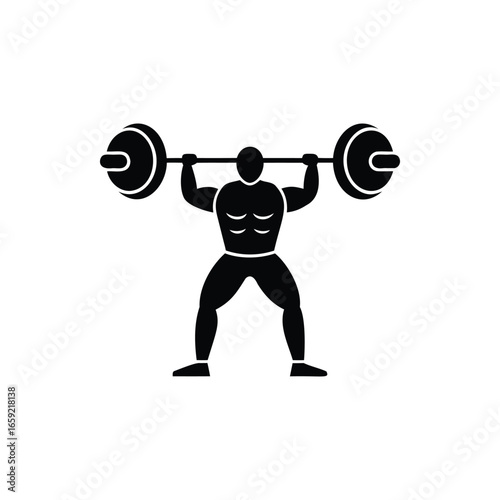 Black and white vector image of a muscular man lifting weights