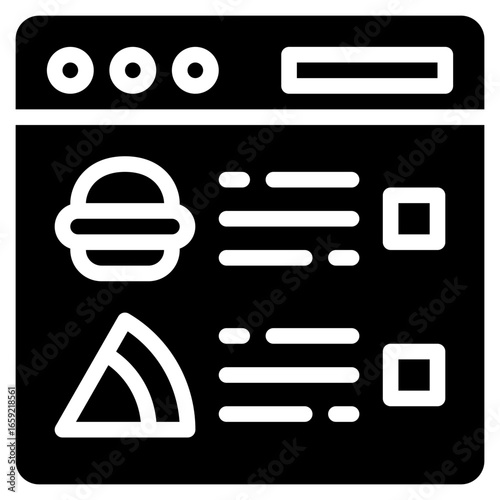 Online food ordering website icon in glyph style, suitable for food delivery, fast food, and restaurant concept illustrations