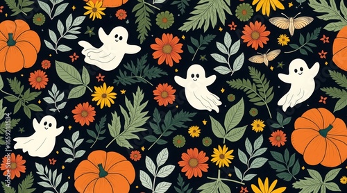 Seamless halloween pattern with cute ghosts, pumpkins, flowers and leaves on dark background