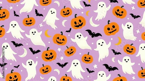 Seamless halloween pattern with cute ghosts, pumpkins, and bats on a purple background