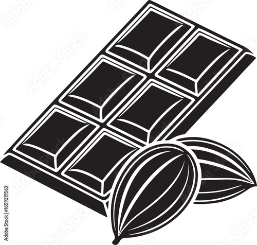 Stylized isometric chocolate bar with cacao pods icon