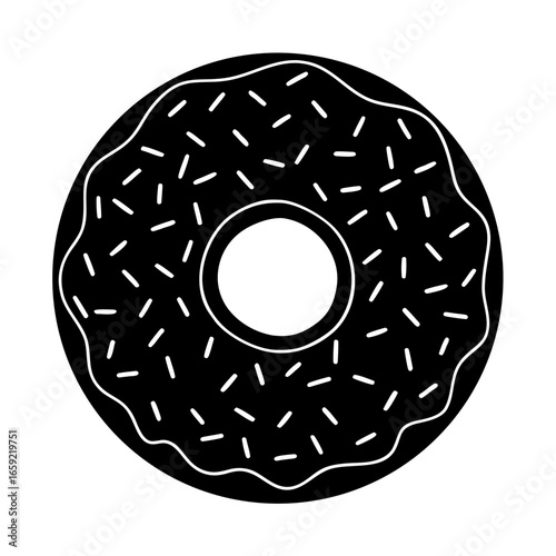 Black silhouette illustration of a donut with sprinkles isolated on white background suitable for professional vector design,
Donut silhouette vector illustration,
Minimalist donut with sprinkles art,