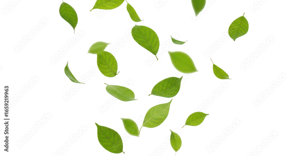 Obraz premium Falling green leaves on transparent background