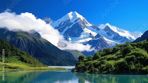 A breathtaking view of a majestic snow-capped mountain peak reflected in a crystal-clear turquoise lake. A serene and powerful image of pristine, untouched nature.