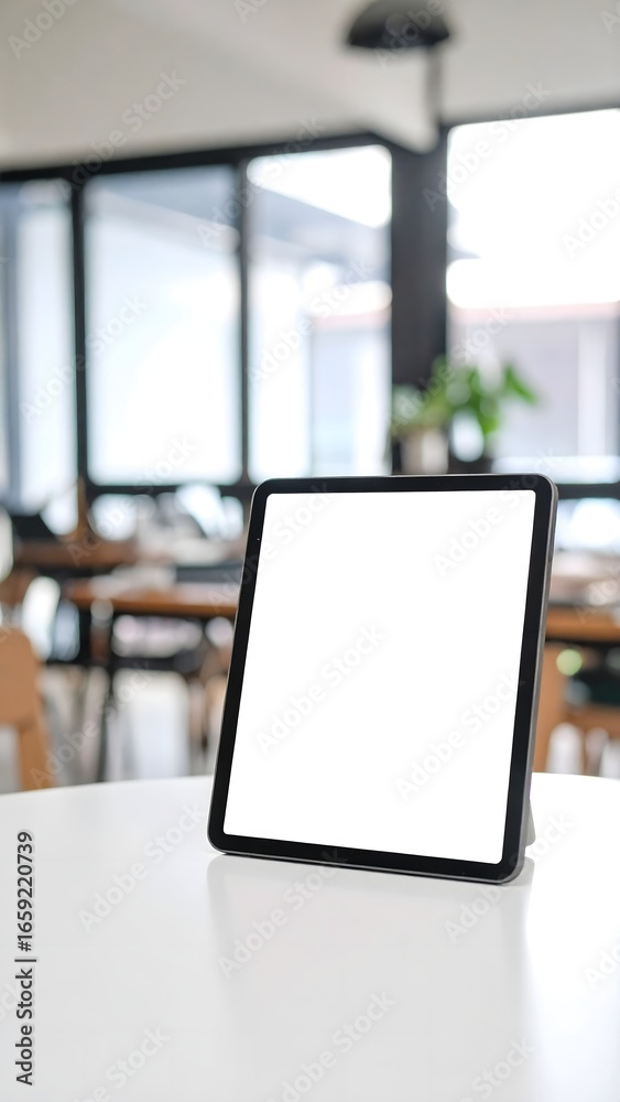 Fototapeta premium Blank tablet screen on a white table in a modern cafe.