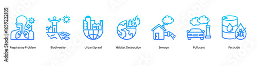 Respiratory Health Risk web banner icon vector illustration featuring Respiratory Problem, Biodiversity, Urban Sprawl, Habitat Destruction, Sewage, Pollutant, and Pesticide.