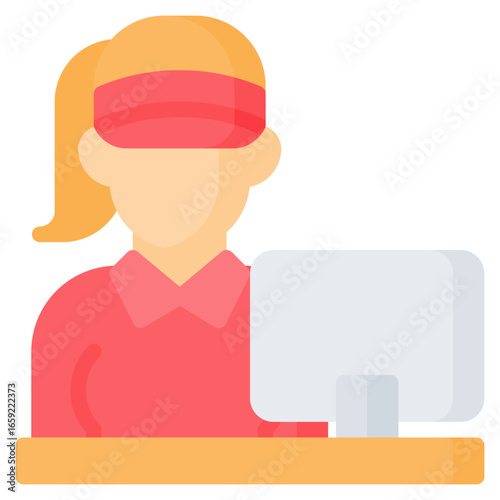 Female operator with computer icon in flat style, suitable for online customer support, delivery assistant, and cutomer service concept illustrations