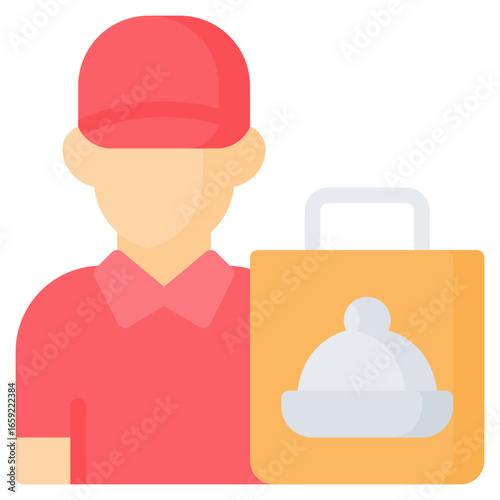 Food delivery courier holding bag icon in flat style, suitable for food delivery, fast food, and restaurant concept illustrations