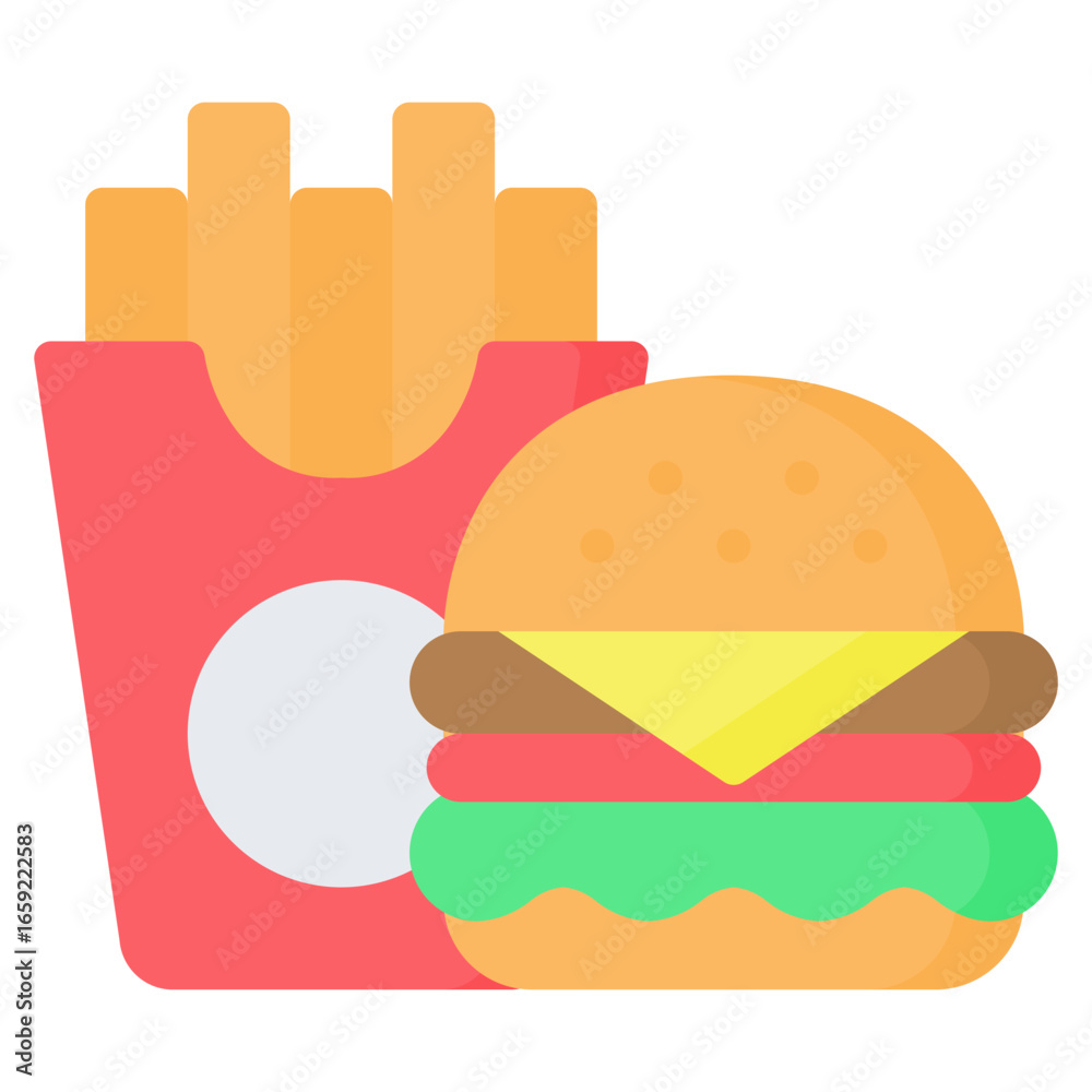 Burger and french fries icon in flat style, suitable for food delivery, fast food, and restaurant concept illustrations Burger and french fries icon in flat style, suitable for food delivery, fast food, and restaurant concept illustrations