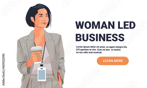 Woman led business female entrepreneur leadership concept confident businesswoman holding coffee wearing suit ID badge modern office style landing page