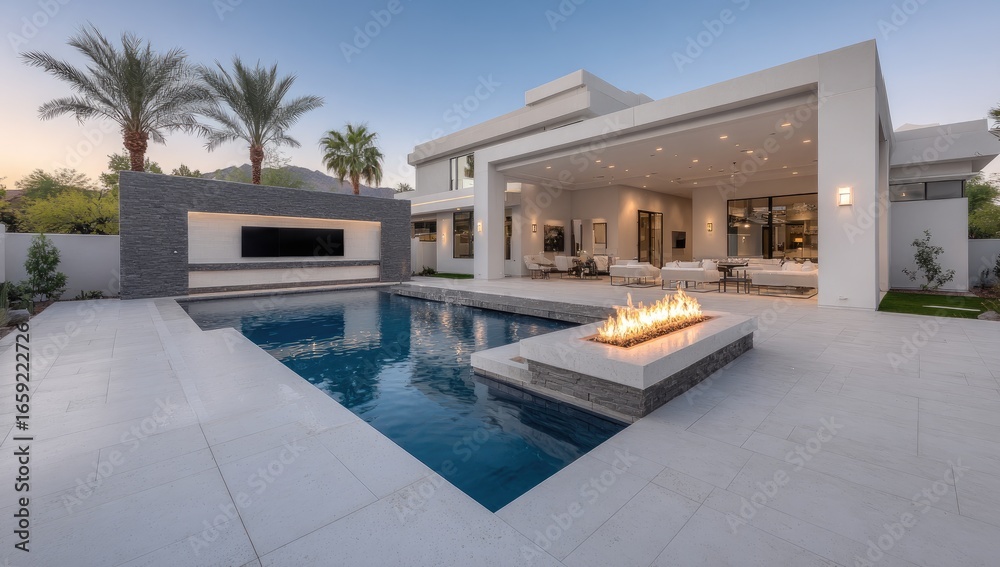 Fototapeta premium Modern home exterior with pool and fire pit