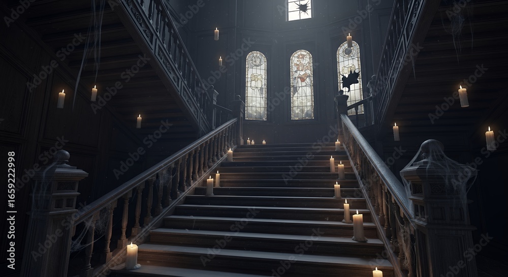 Fototapeta premium Grand staircase of old mansion with lit candles and cobwebs, creating eerie Halloween atmosphere. Concept for haunted house, gothic themes and historical mystery