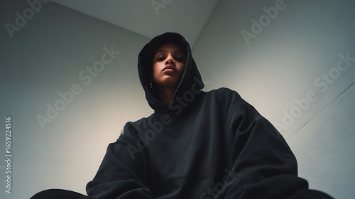 well lit black hoodie displayed flat wide layout white backdrop