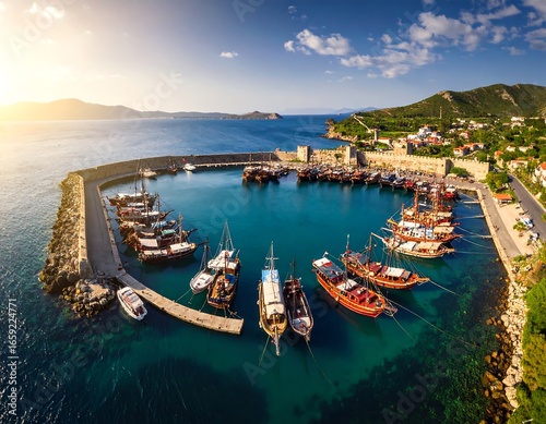 Scenic harbor with moored boats