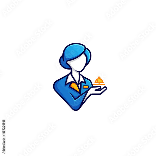 A professional 3D vector illustration of a hotel receptionist logo. The minimalist design, with its sharp lines and a luxurious color palette, beautifully conveys a premium and welcoming aesthetic.