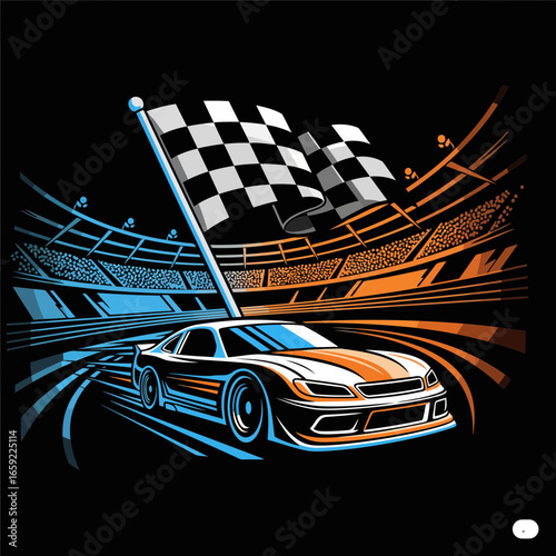 A striking 3D vector illustration of a stock car racing logo. The minimalist design, with a sleek car, checkered flags, and stylized track, perfectly captures the excitement of motorsport.