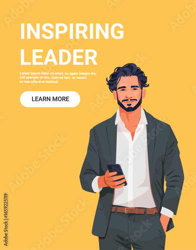 Inspiring leader confident businessman holding smartphone modern suit yellow background website banner