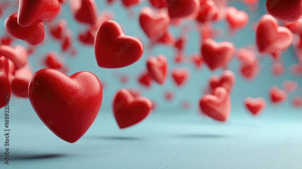 Many red hearts floating on light blue background