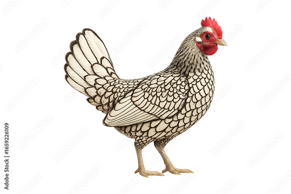 Fototapeta premium Sebright Silver Laced chicken with miniature body and silver feathers outlined in black