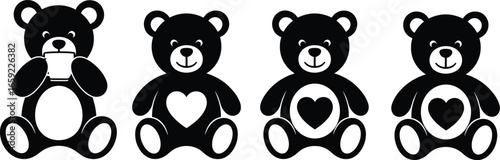 Cute teddy bear set, black and white vector, heart design, cartoon style, baby toy illustration, isolated icons, nursery decor, children graphics