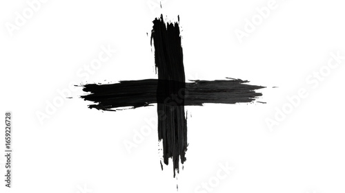 Black paint brush stroke cross symbol with rough edges and textured design on transparent background